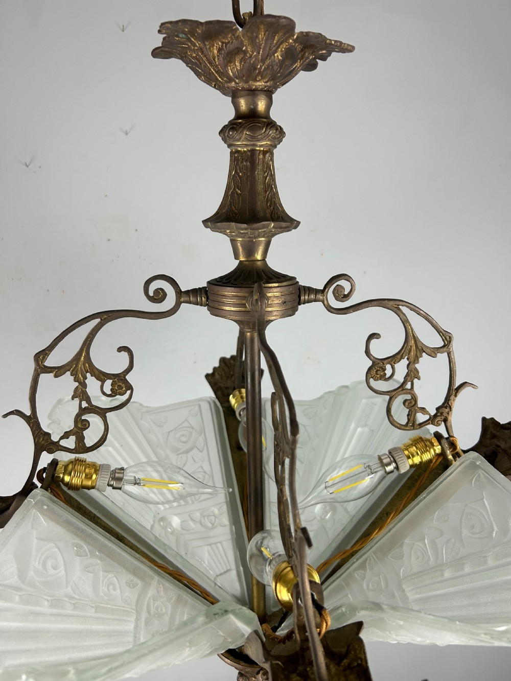 Large French Bronze Art Deco 4 Light Chandelier  View VIII