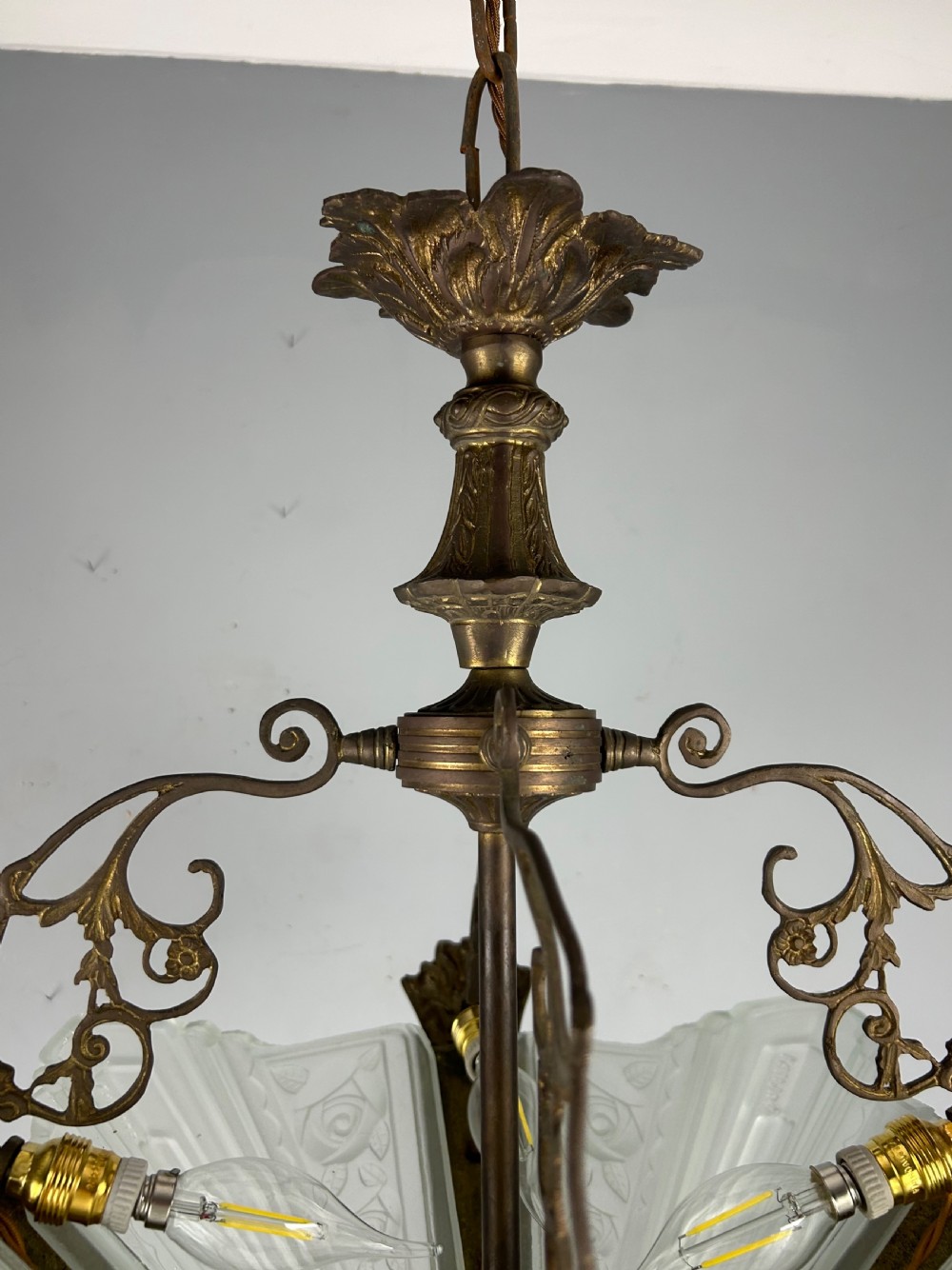 Large French Bronze Art Deco 4 Light Chandelier  View IX