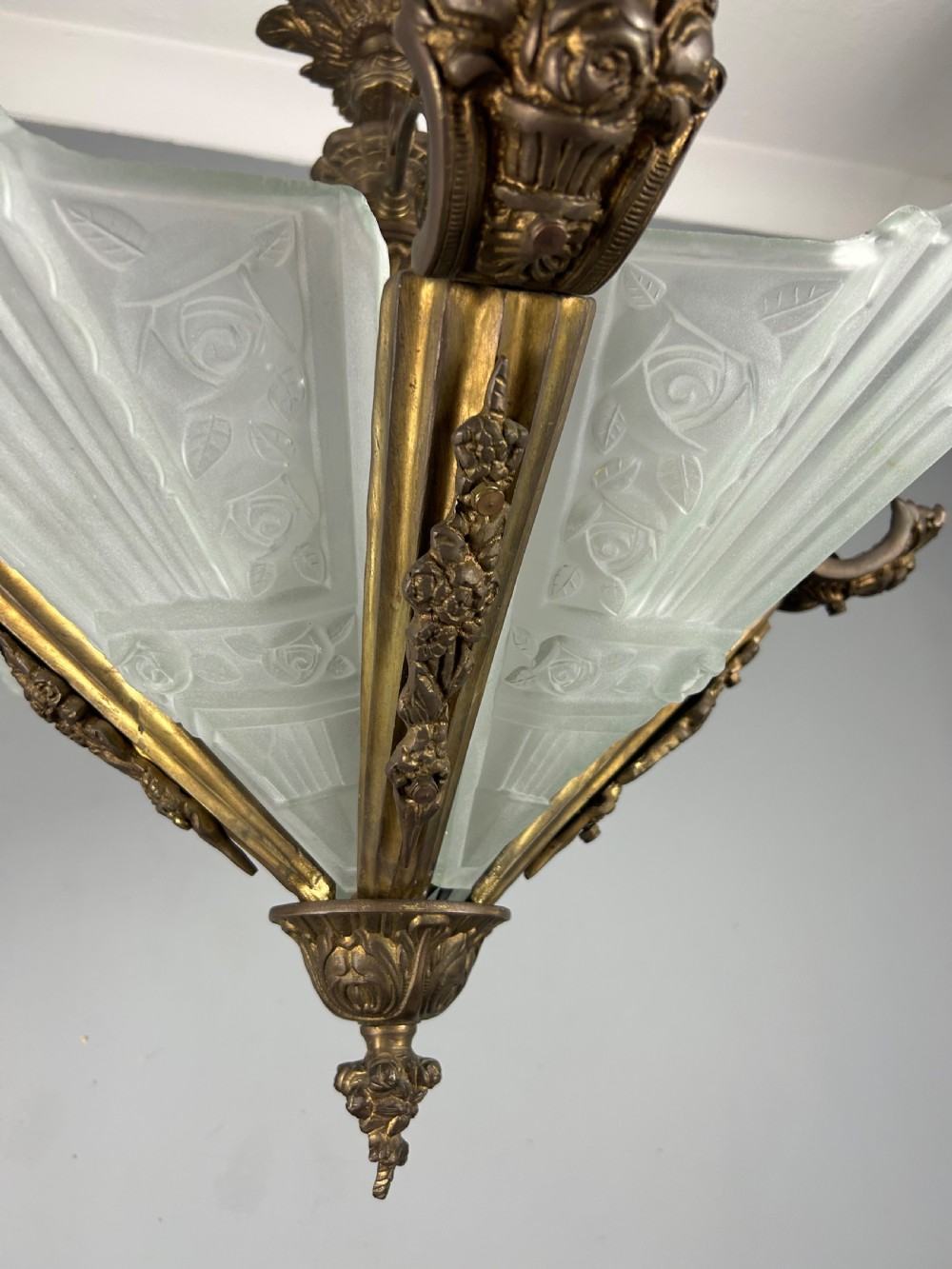 Large French Bronze Art Deco 4 Light Chandelier  View X