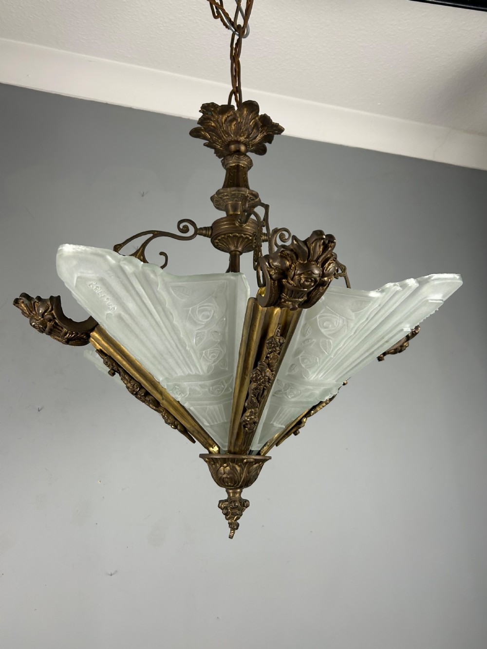 Large French Bronze Art Deco 4 Light Chandelier  View XI