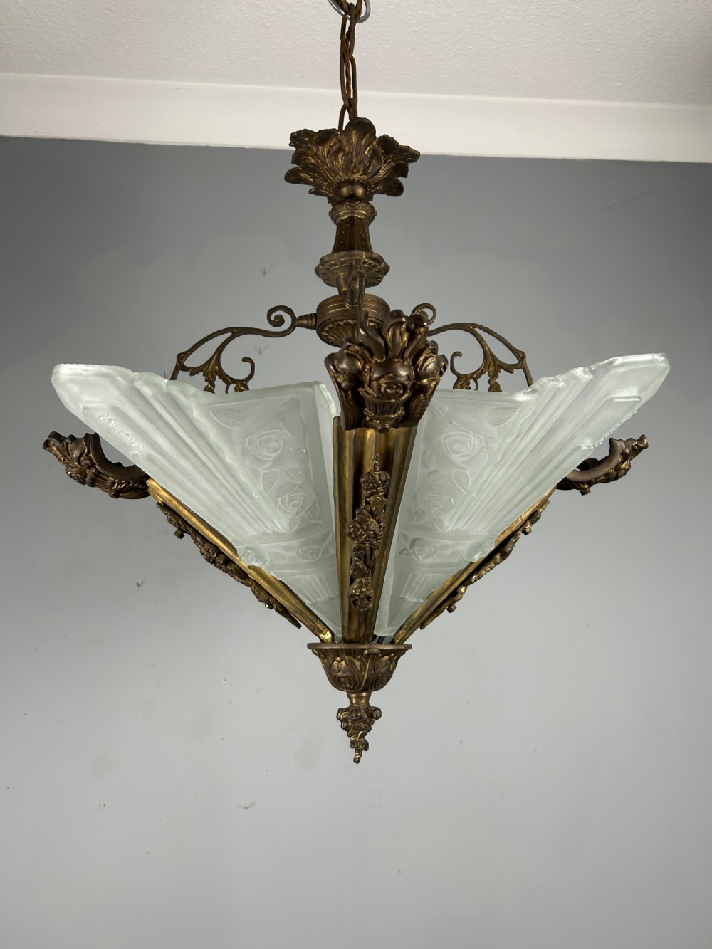 Large French Bronze Art Deco 4 Light Chandelier  View XII
