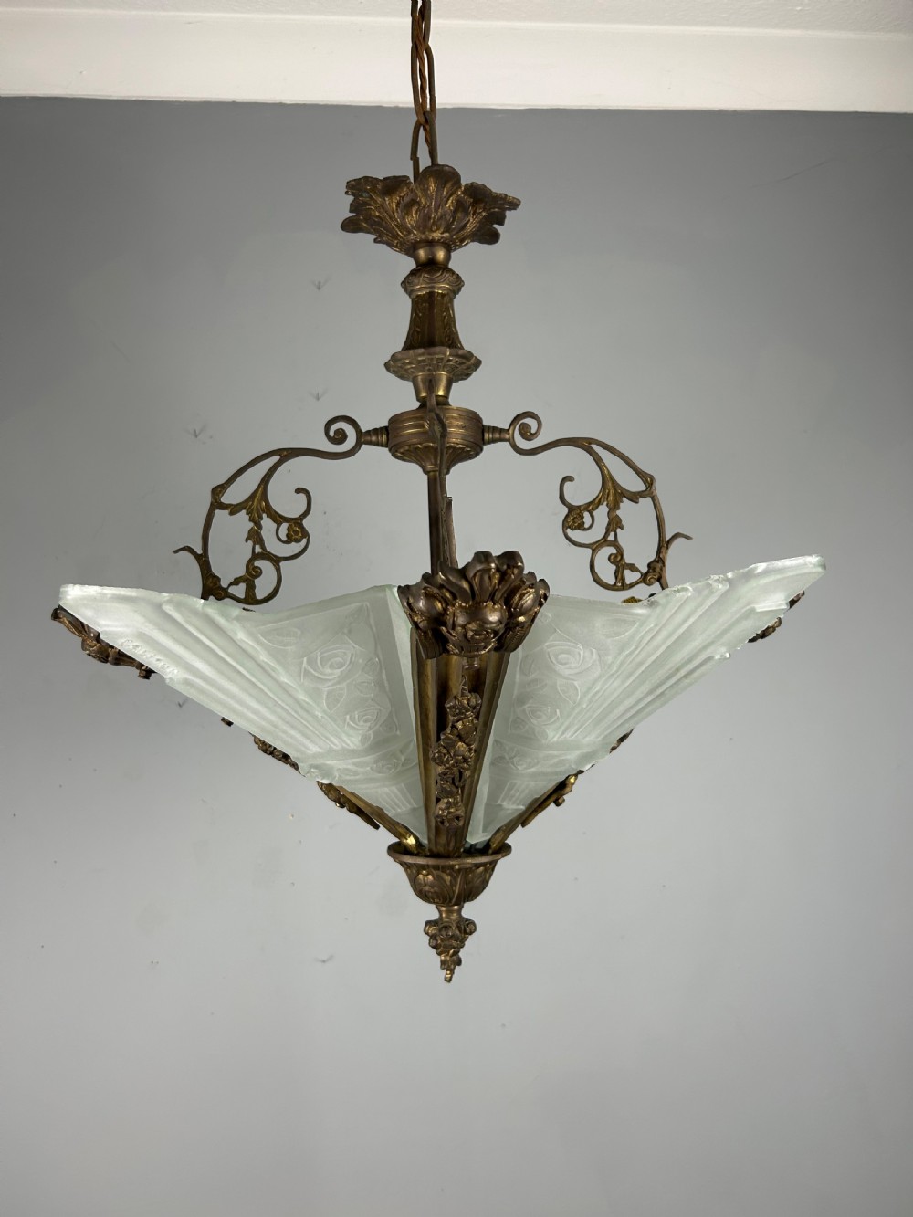 Large French Bronze Art Deco 4 Light Chandelier  View XIII