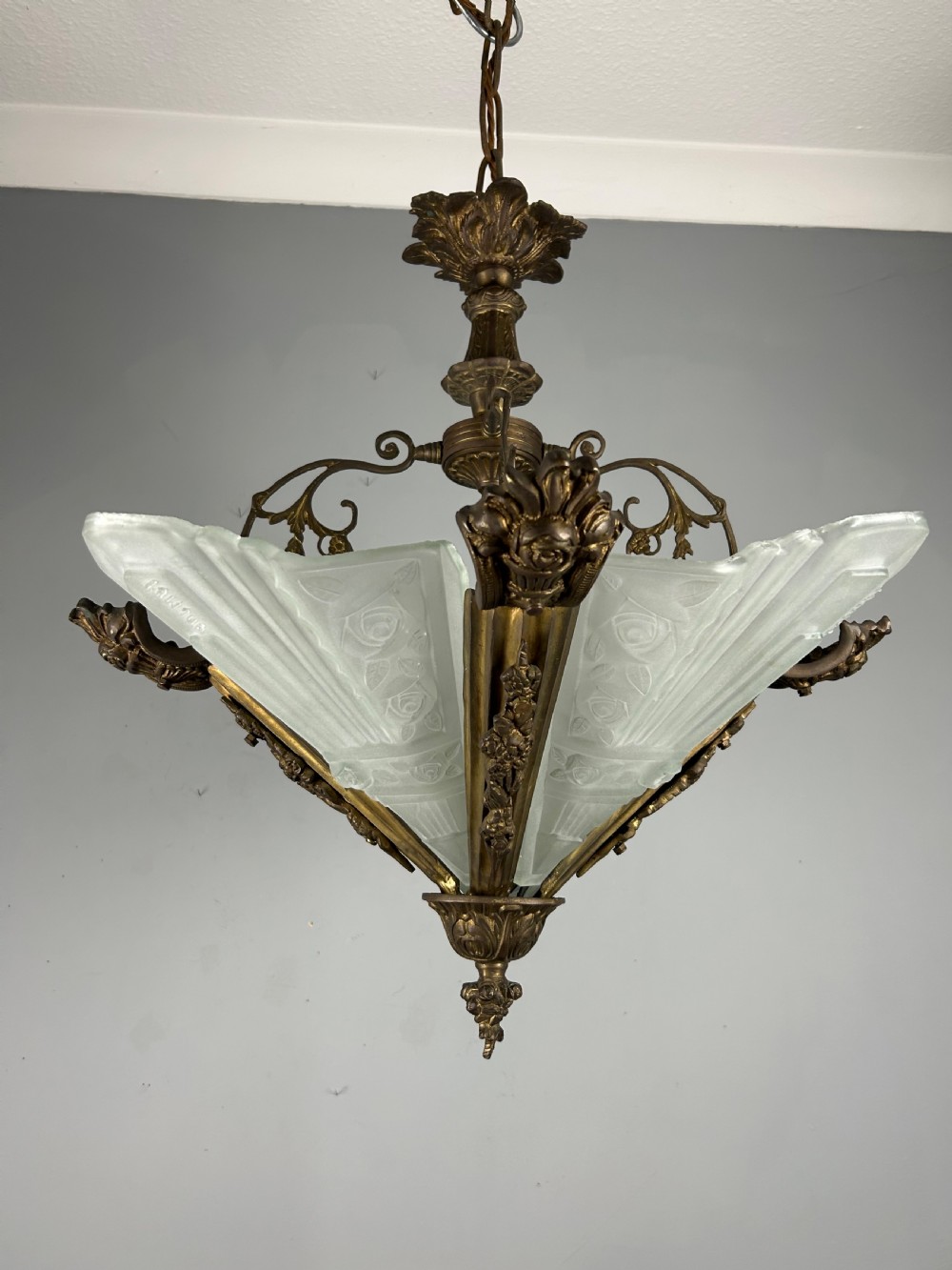 Large French Bronze Art Deco 4 Light Chandelier  View XIV