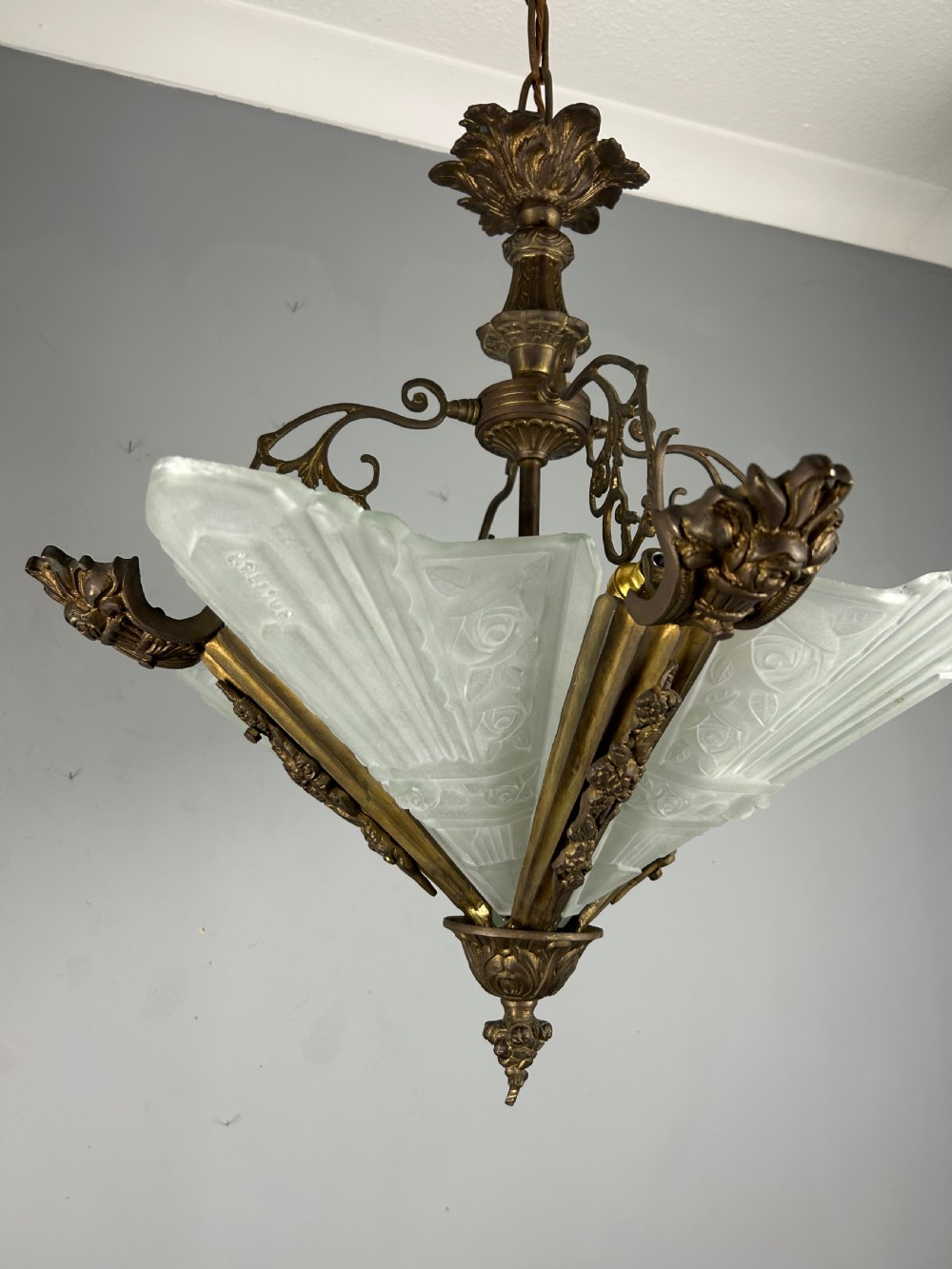 Large French Bronze Art Deco 4 Light Chandelier  View XV