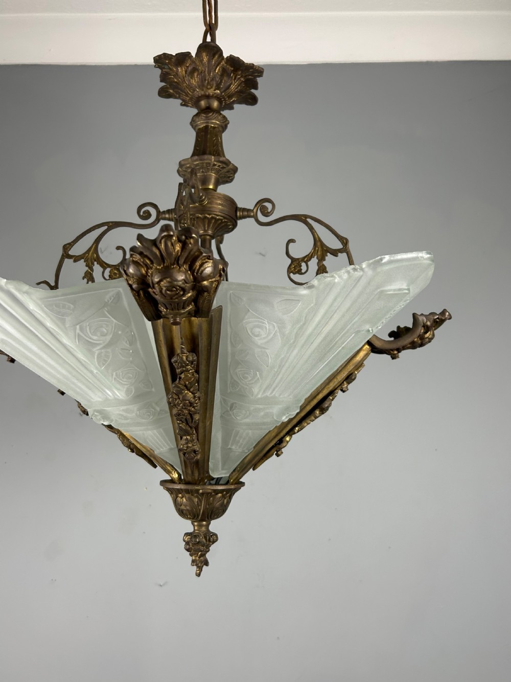 Large French Bronze Art Deco 4 Light Chandelier  View XVI