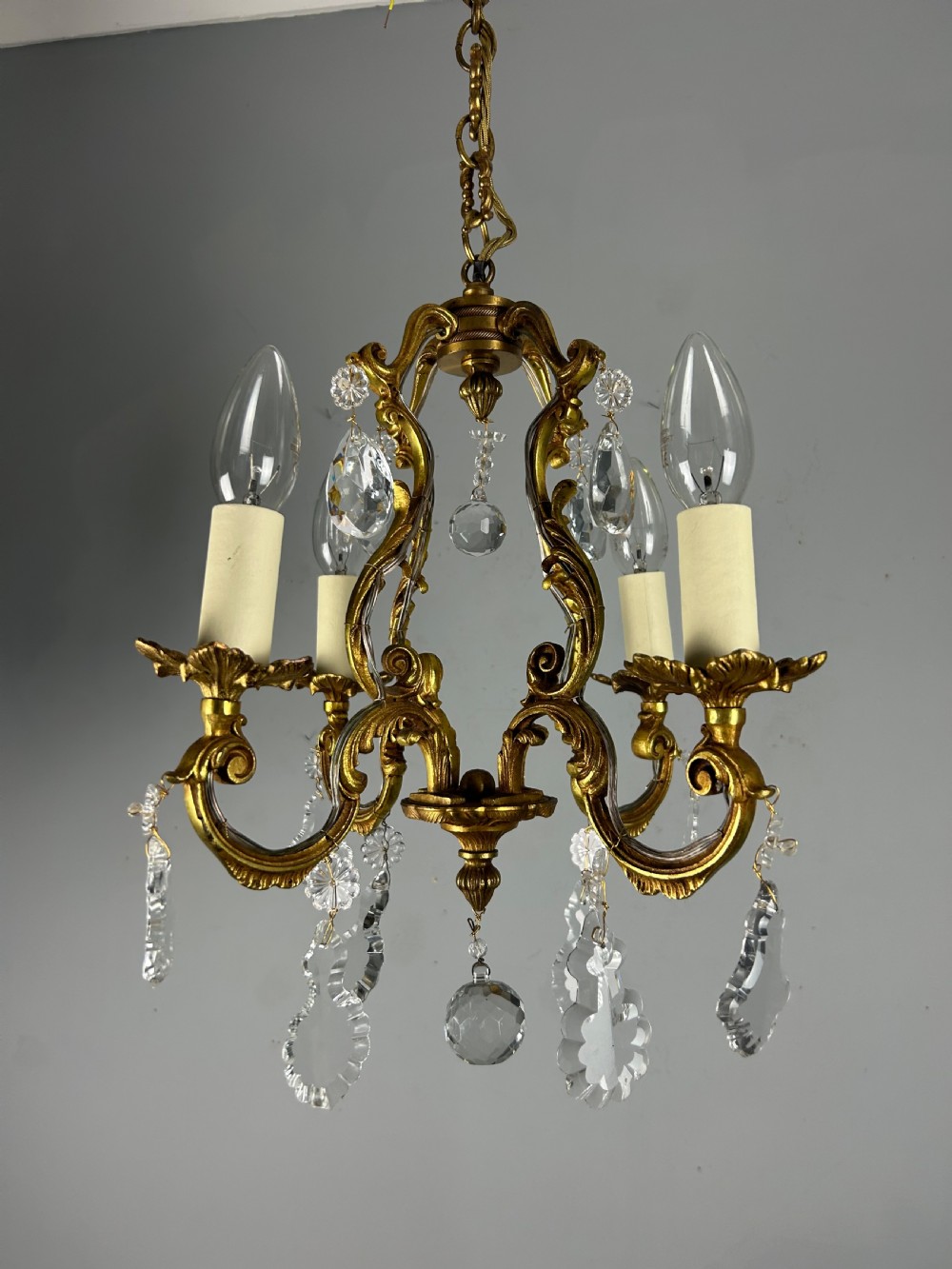 Small French Gilt Brass 4 Light Birdcage Chandelier 