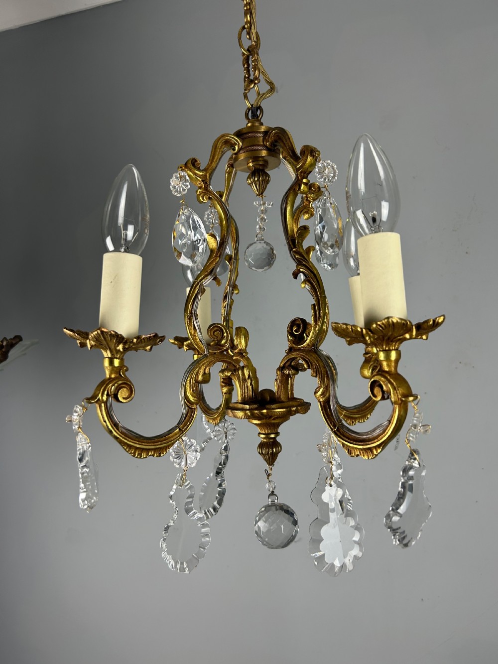 Small French Gilt Brass 4 Light Birdcage Chandelier  View II