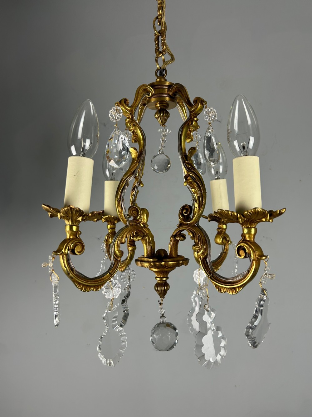 Small French Gilt Brass 4 Light Birdcage Chandelier  View V