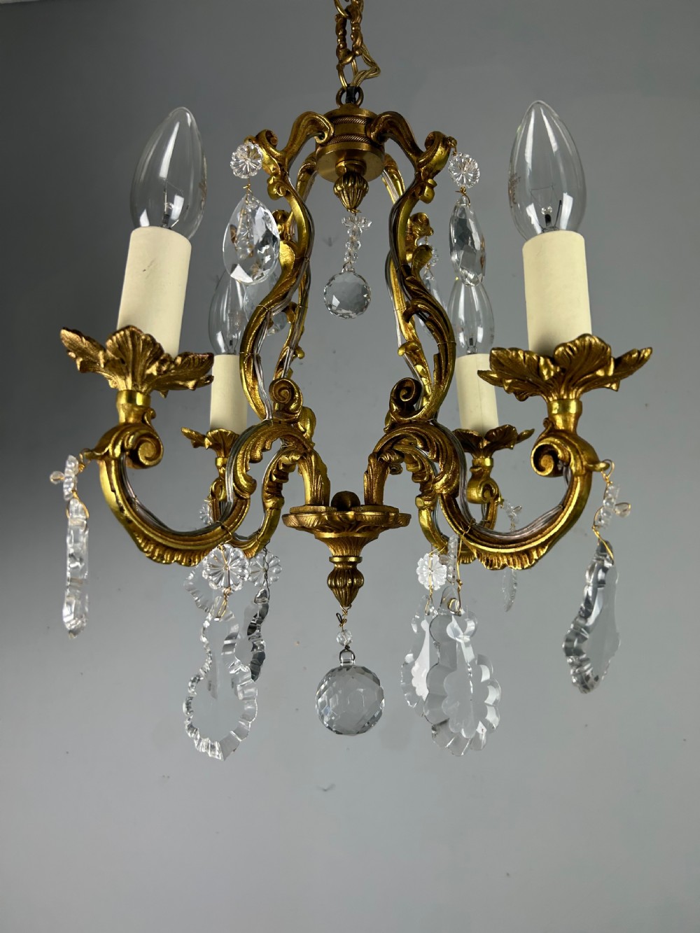 Small French Gilt Brass 4 Light Birdcage Chandelier  View VI