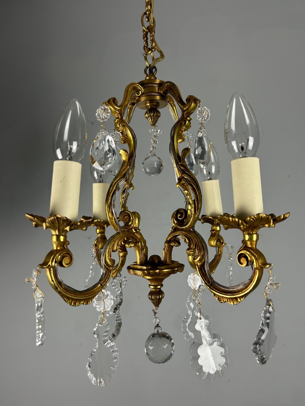 Small French Gilt Brass 4 Light Birdcage Chandelier  View VII