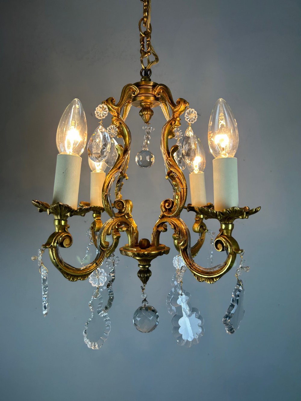 Small French Gilt Brass 4 Light Birdcage Chandelier  View VIII