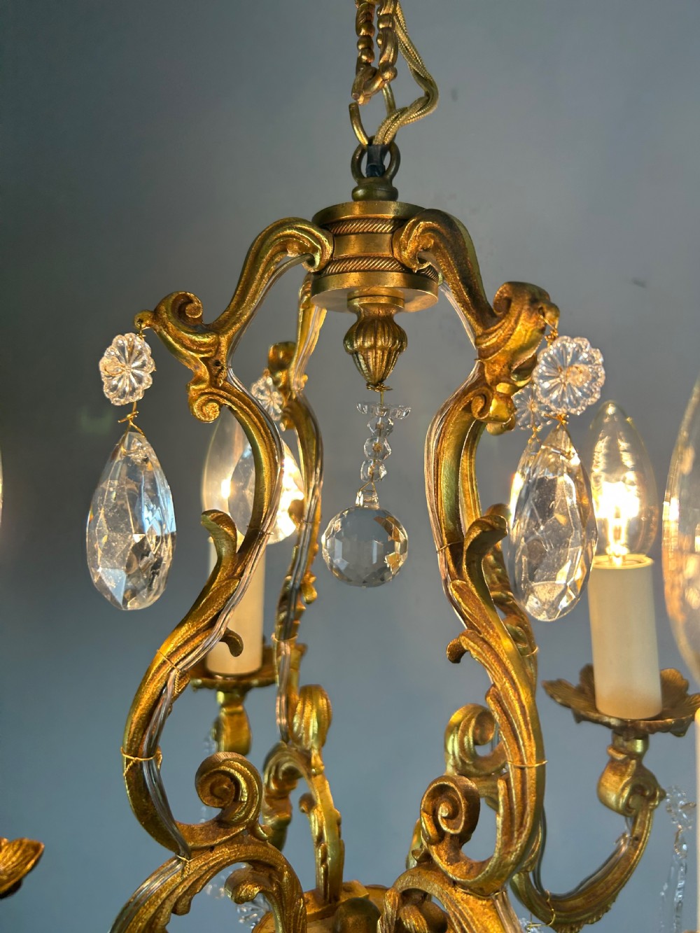 Small French Gilt Brass 4 Light Birdcage Chandelier  View X