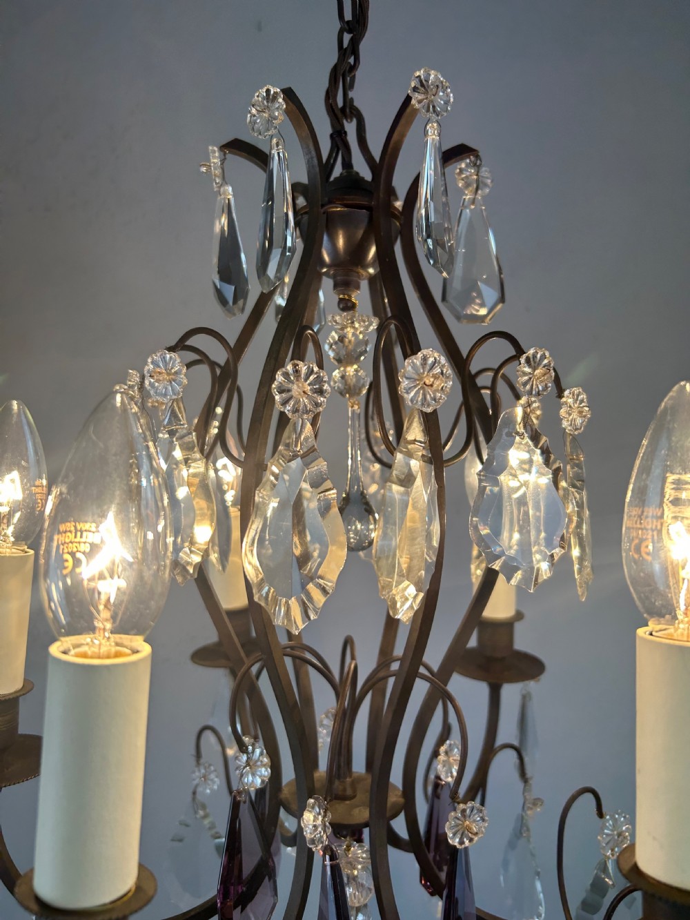 French Dark Brass 6 Light Birdcage Antique Chandelier  View III