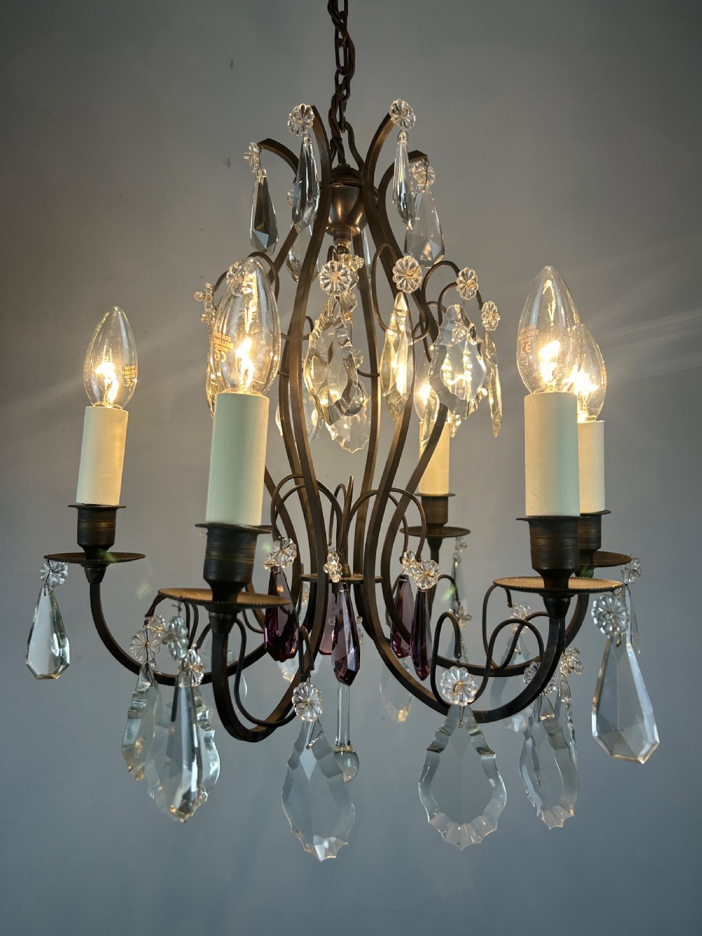 French Dark Brass 6 Light Birdcage Antique Chandelier  View V