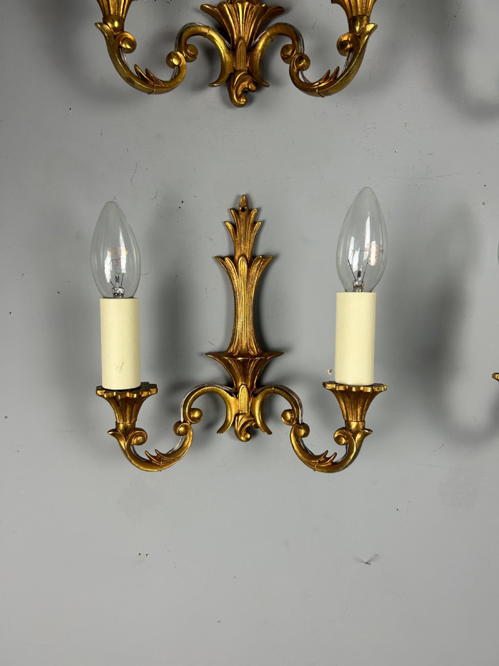 Set Of 4 Small French Gilded Twin Arm Antique Wall Lights View II