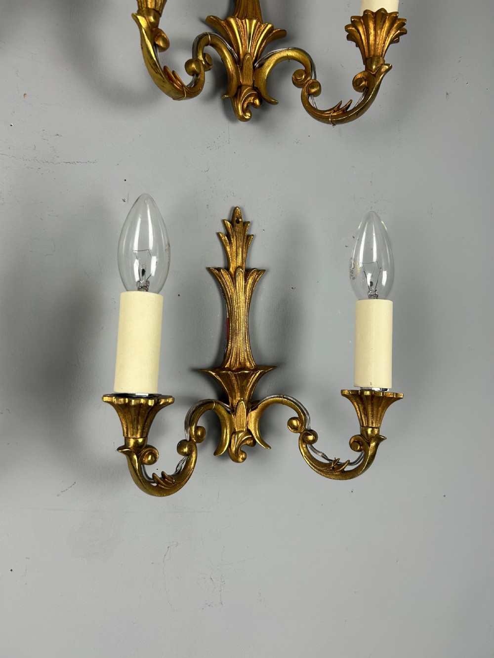 Set Of 4 Small French Gilded Twin Arm Antique Wall Lights View III