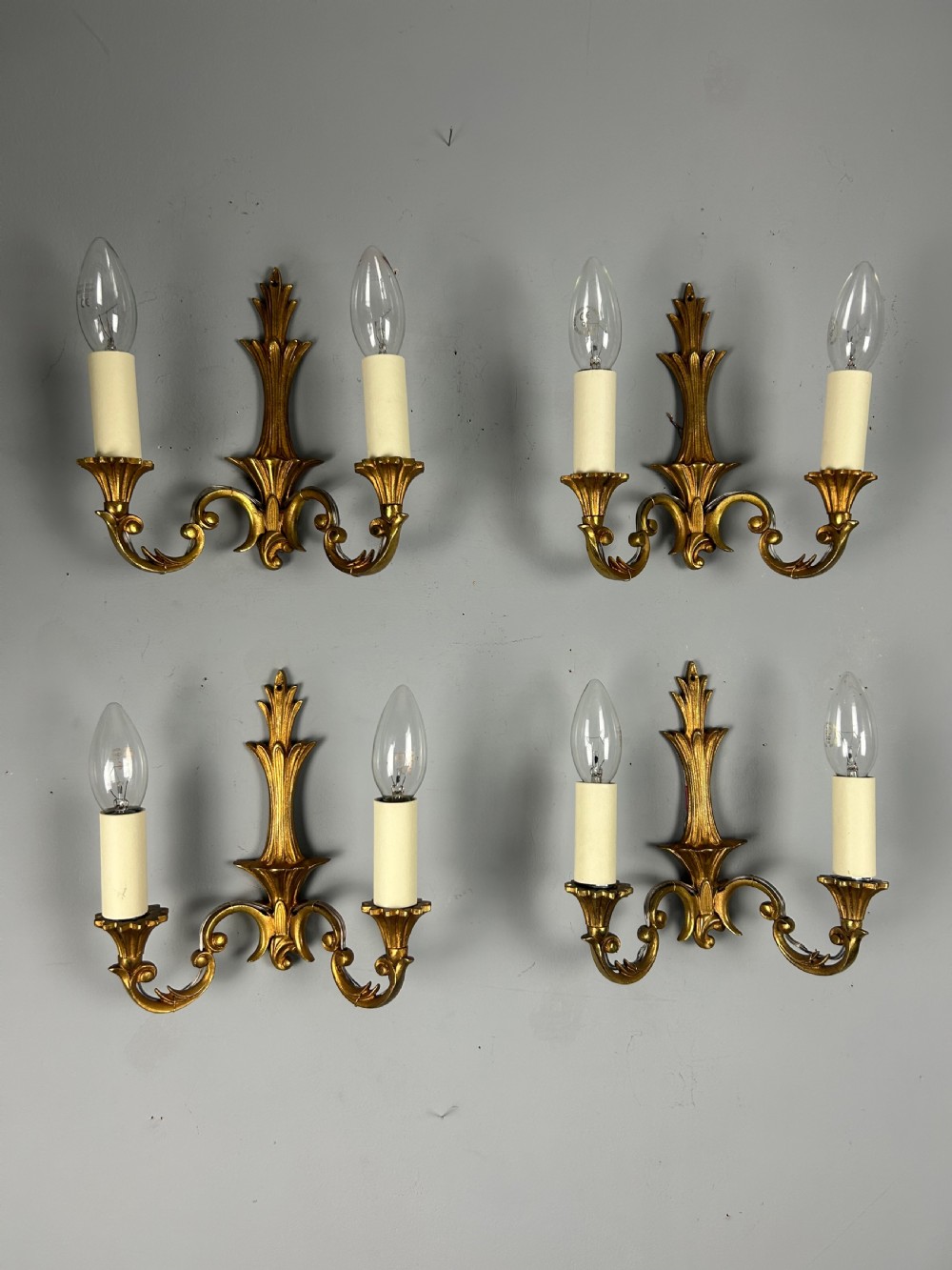 Set Of 4 Small French Gilded Twin Arm Antique Wall Lights View V