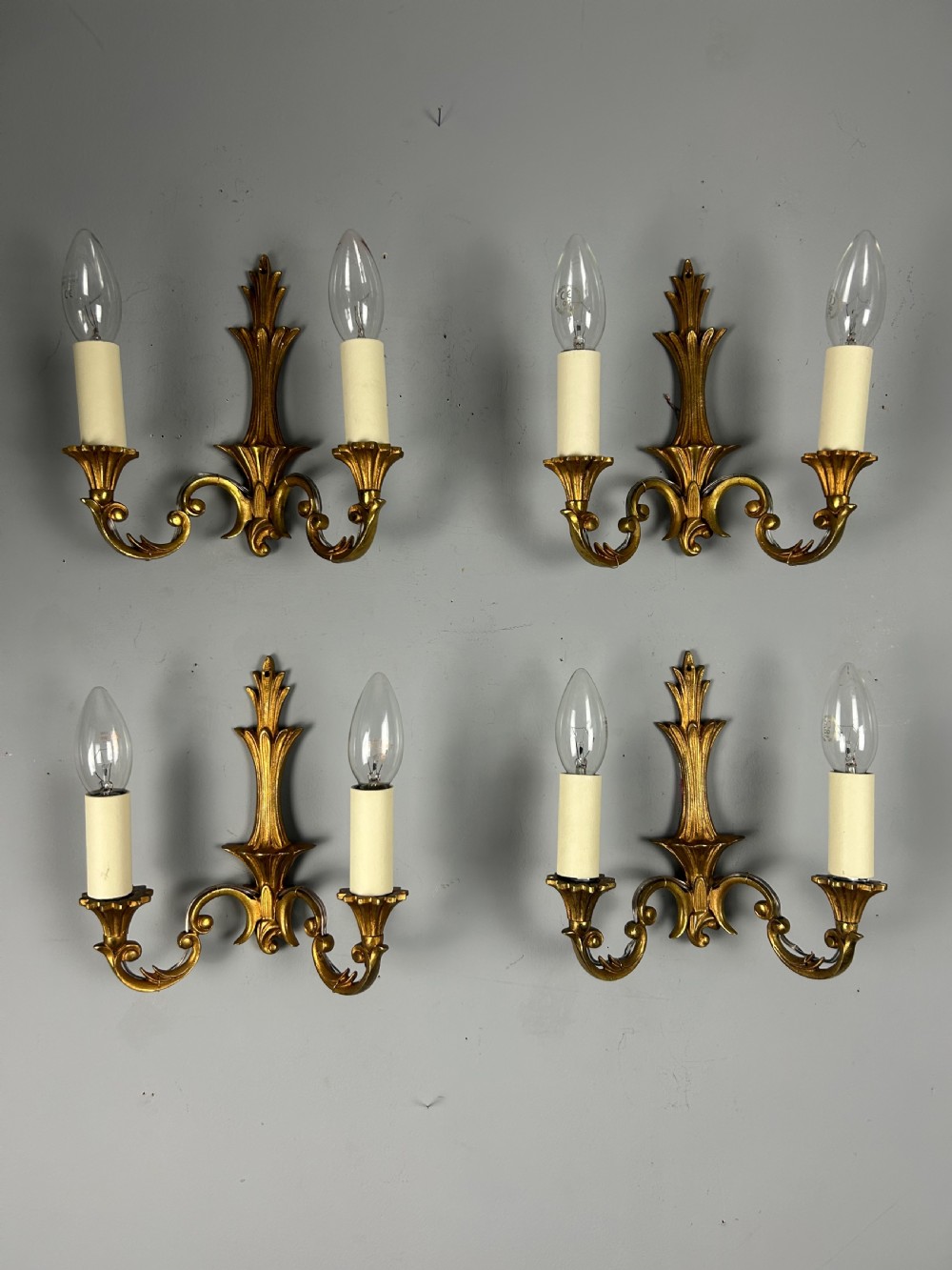 Set Of 4 Small French Gilded Twin Arm Antique Wall Lights View VI