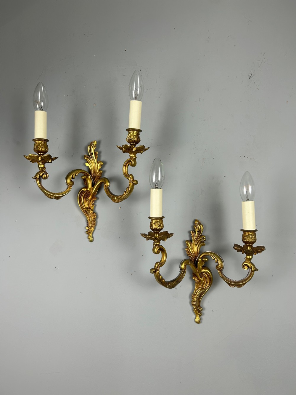 Pair Of French Gilt Brass Antique Wall Lights, Rewired
