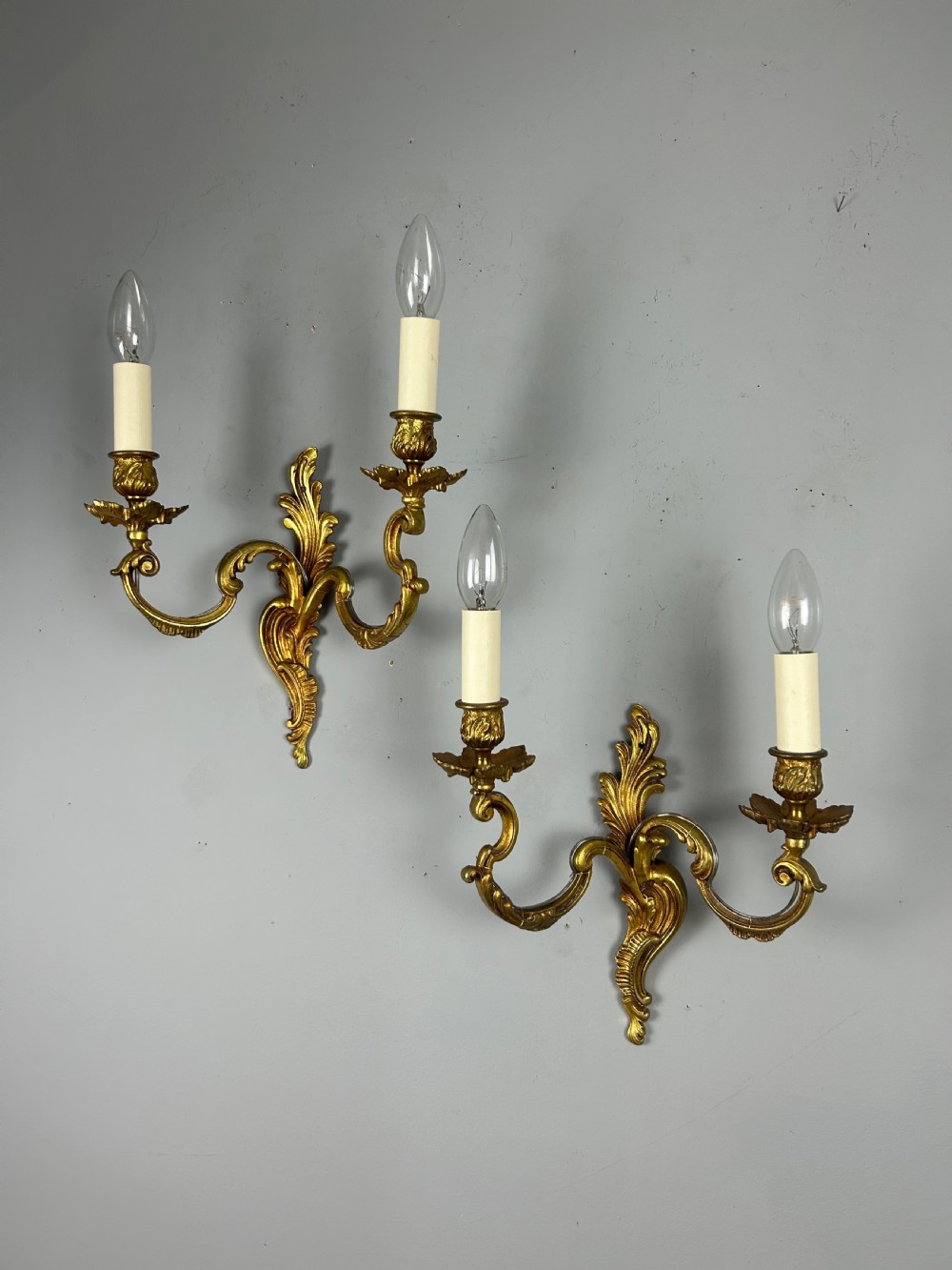 Pair Of French Gilt Brass Antique Wall Lights, Rewired View II