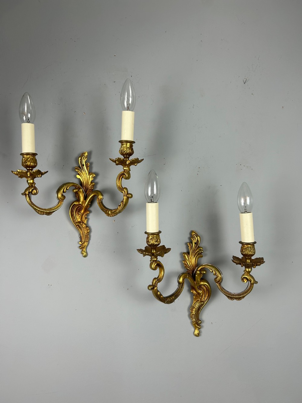 Pair Of French Gilt Brass Antique Wall Lights, Rewired View III