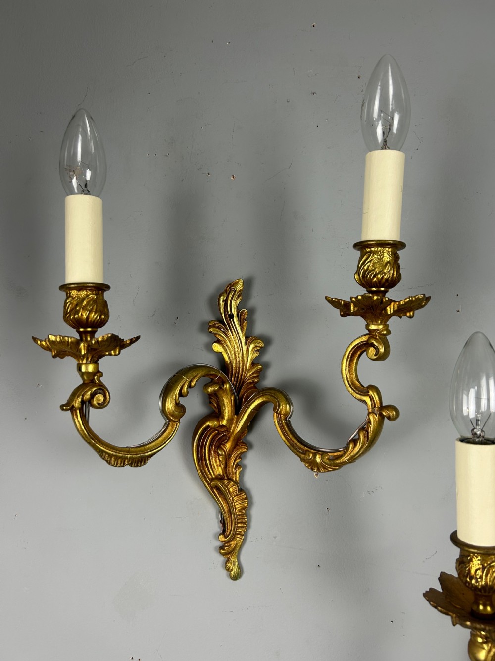 Pair Of French Gilt Brass Antique Wall Lights, Rewired View VIII