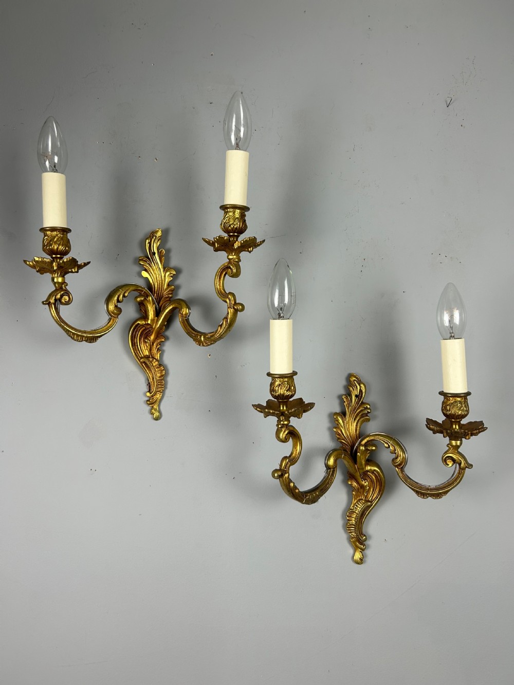 Pair Of French Gilt Brass Antique Wall Lights, Rewired View IX
