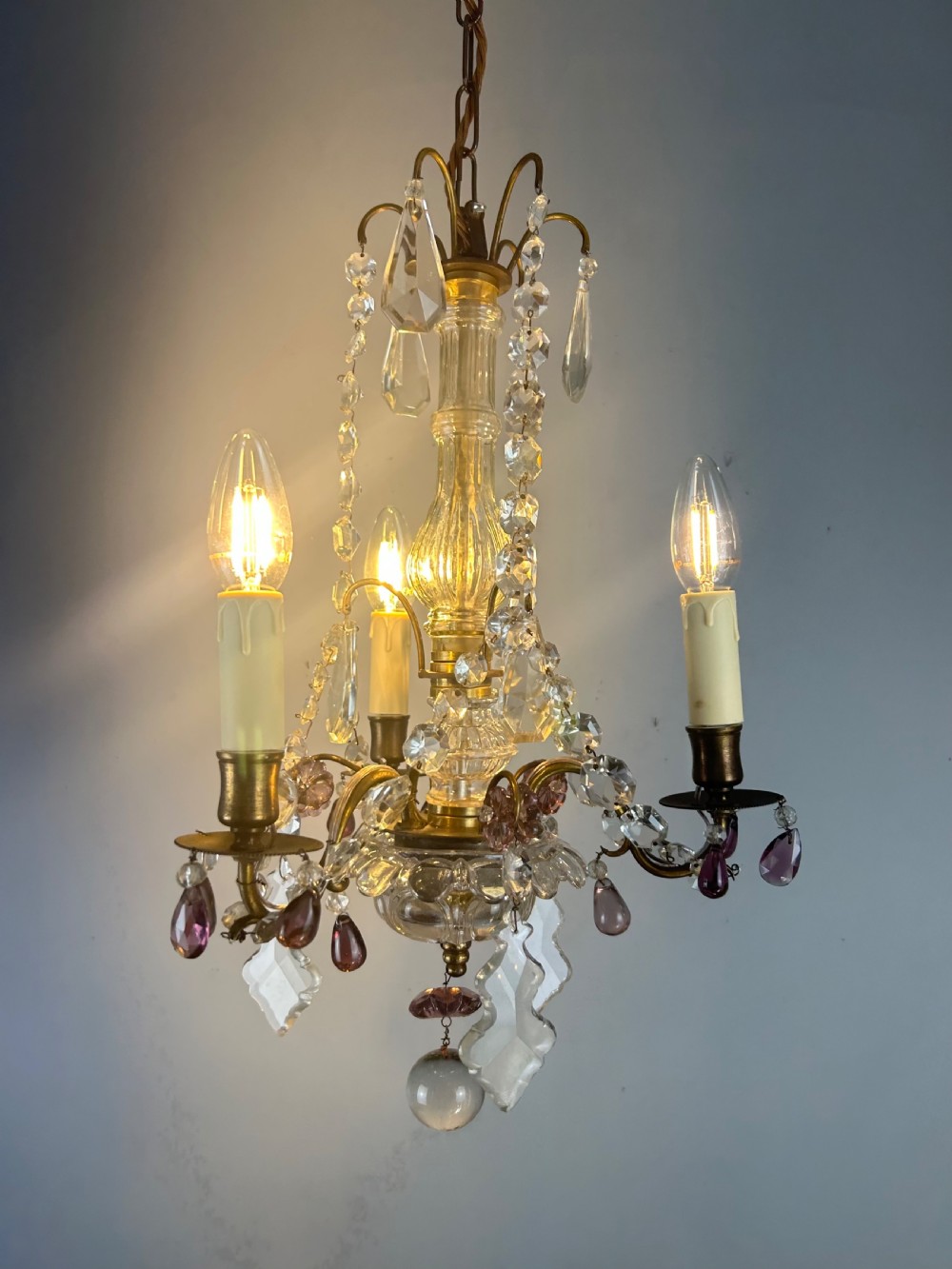 French Gilt Brass 3 Light Birdcage Chandelier View II