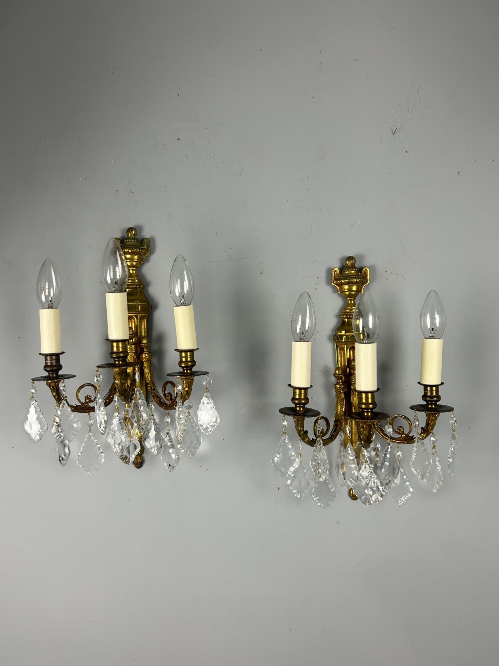 Pair Of French Triple Arm Gilt Brass Antique Crystal Wall Lights