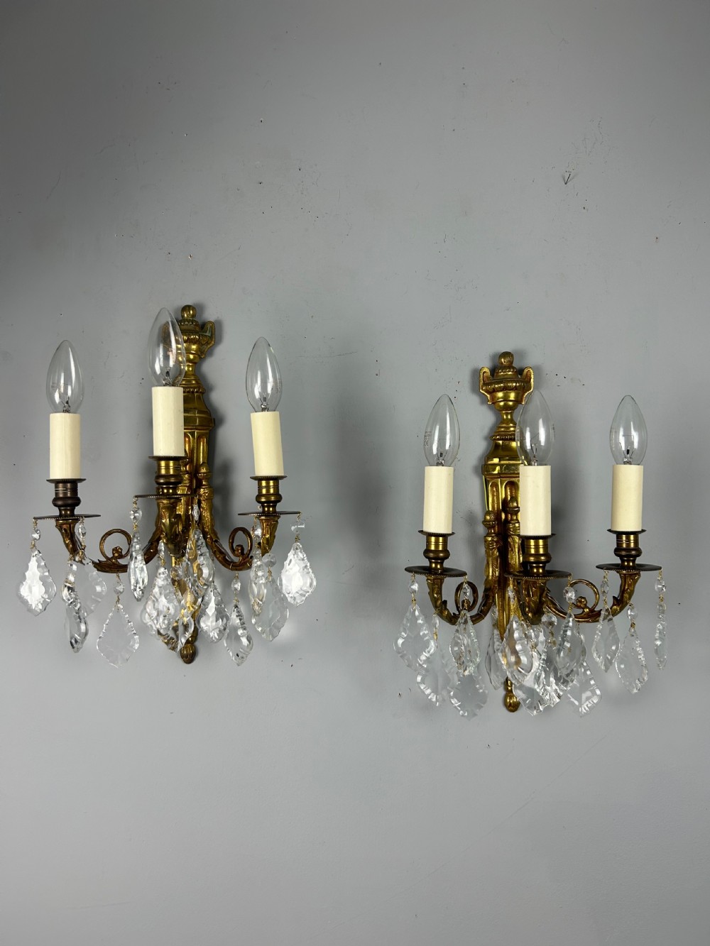 Pair Of French Triple Arm Gilt Brass Antique Crystal Wall Lights View II