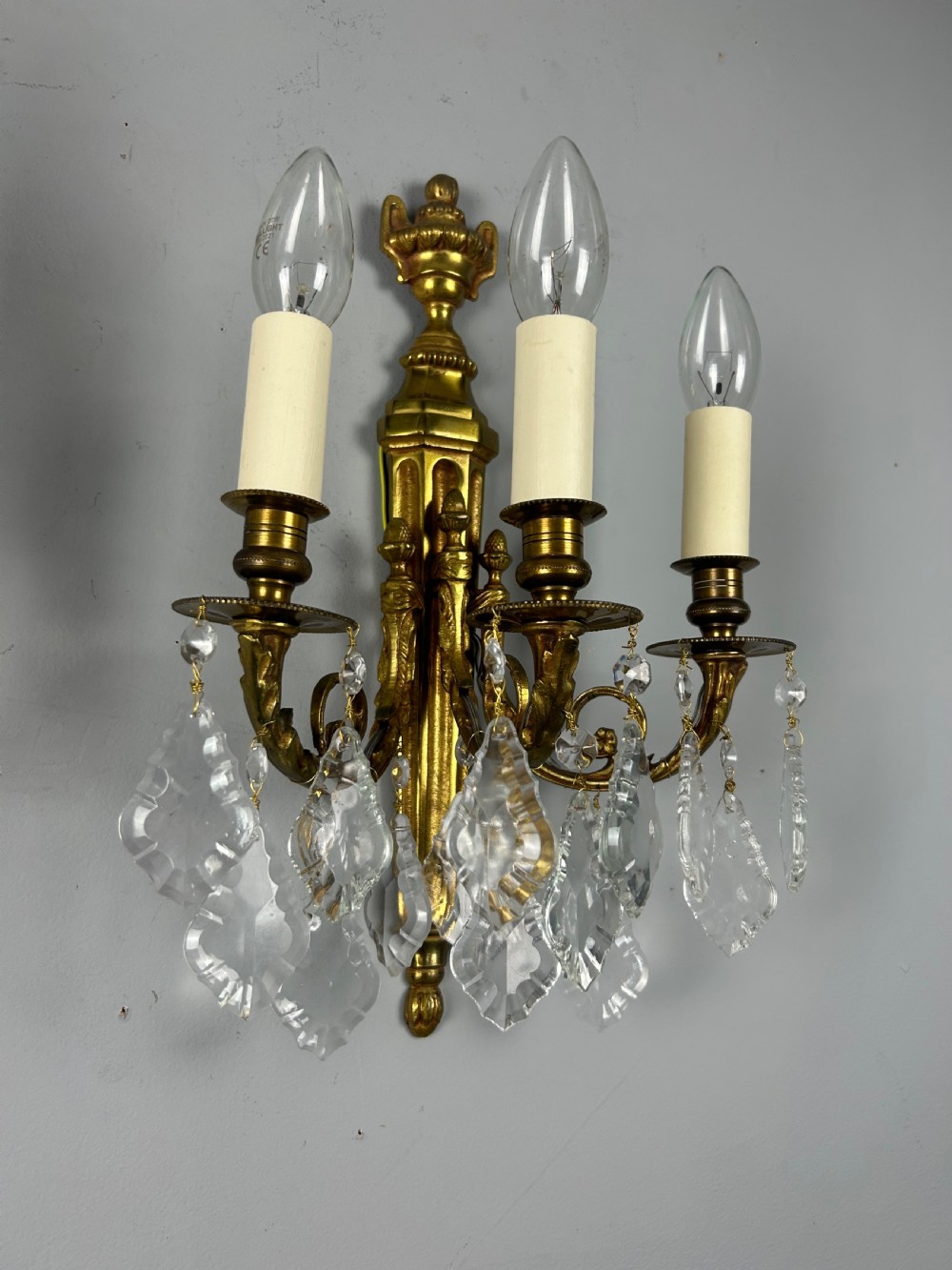 Pair Of French Triple Arm Gilt Brass Antique Crystal Wall Lights View III