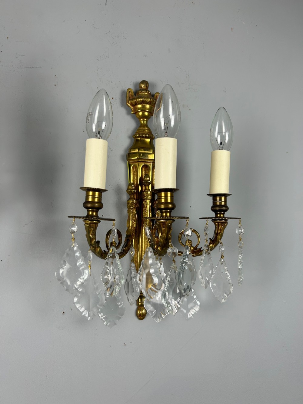 Pair Of French Triple Arm Gilt Brass Antique Crystal Wall Lights View IV
