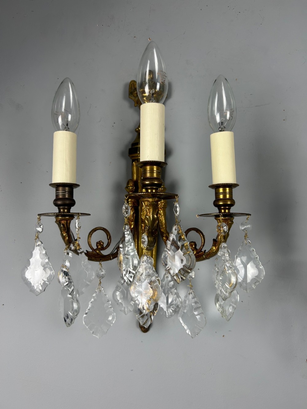 Pair Of French Triple Arm Gilt Brass Antique Crystal Wall Lights View V