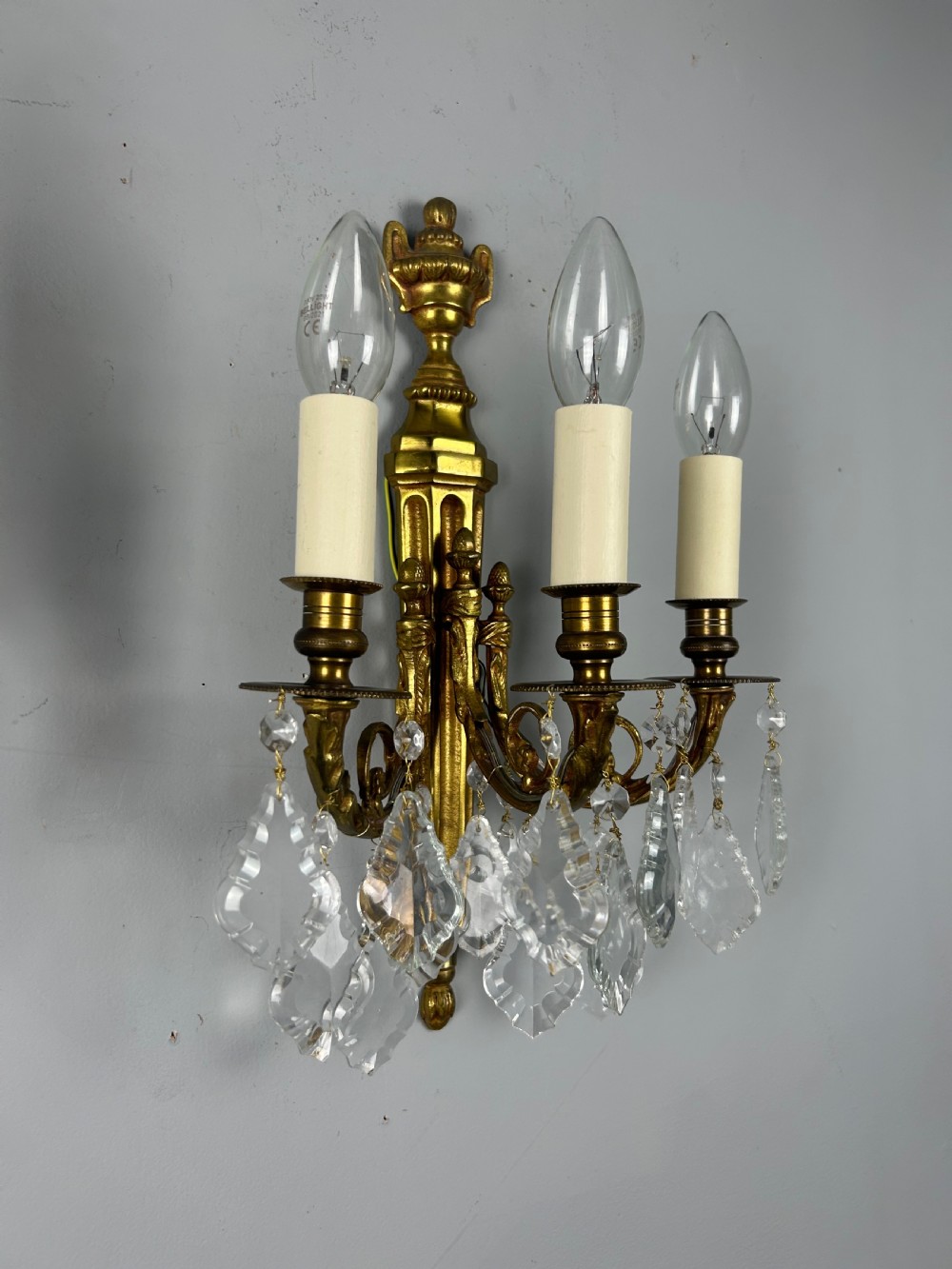 Pair Of French Triple Arm Gilt Brass Antique Crystal Wall Lights View VI