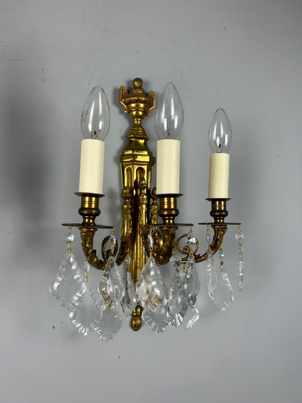 Pair Of French Triple Arm Gilt Brass Antique Crystal Wall Lights View VII