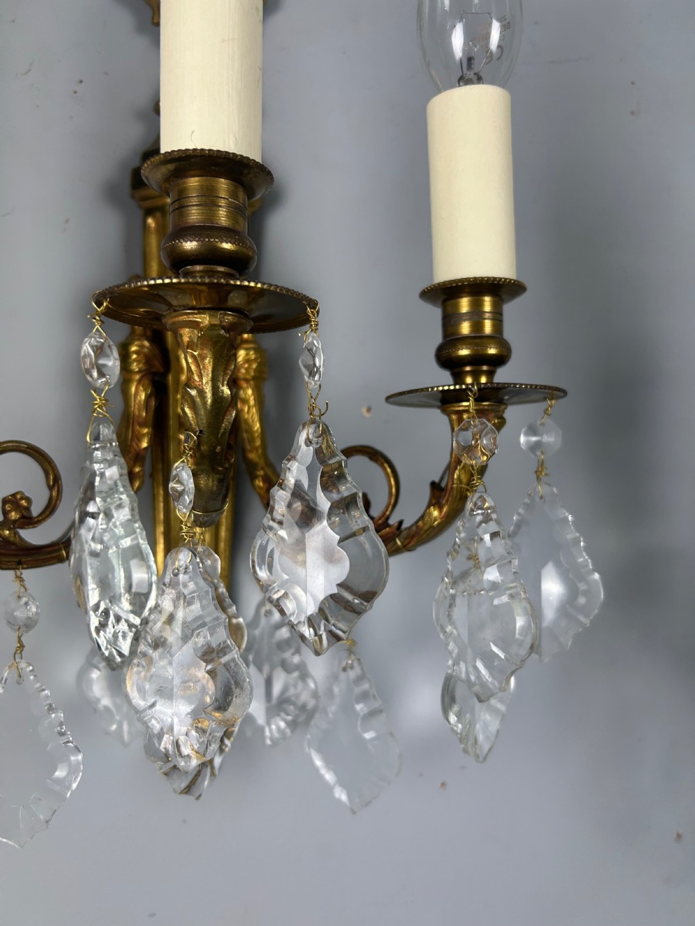 Pair Of French Triple Arm Gilt Brass Antique Crystal Wall Lights View VIII