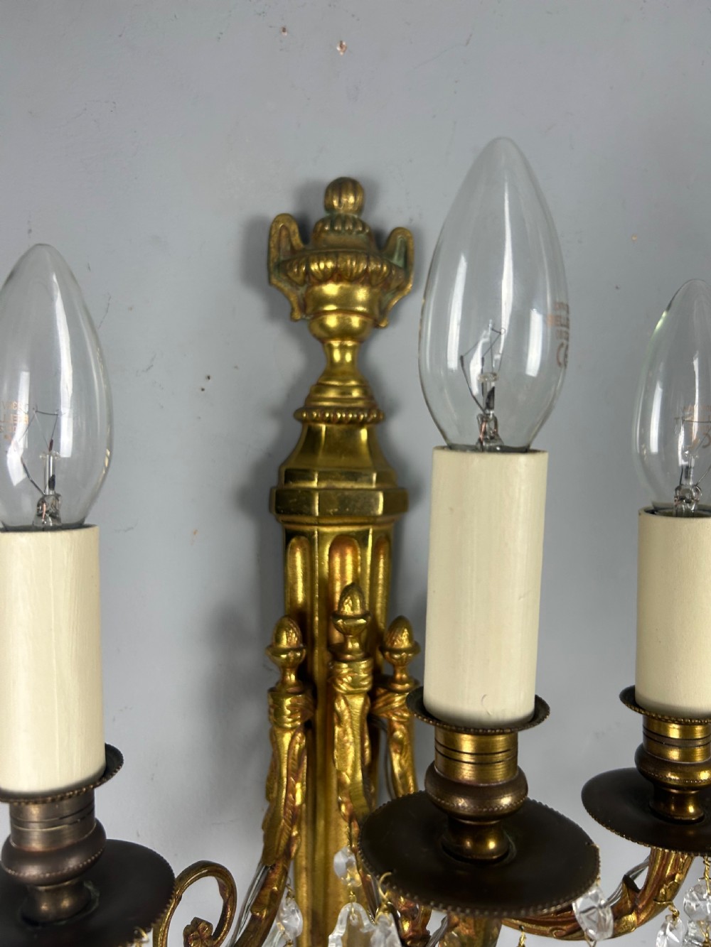 Pair Of French Triple Arm Gilt Brass Antique Crystal Wall Lights View IX