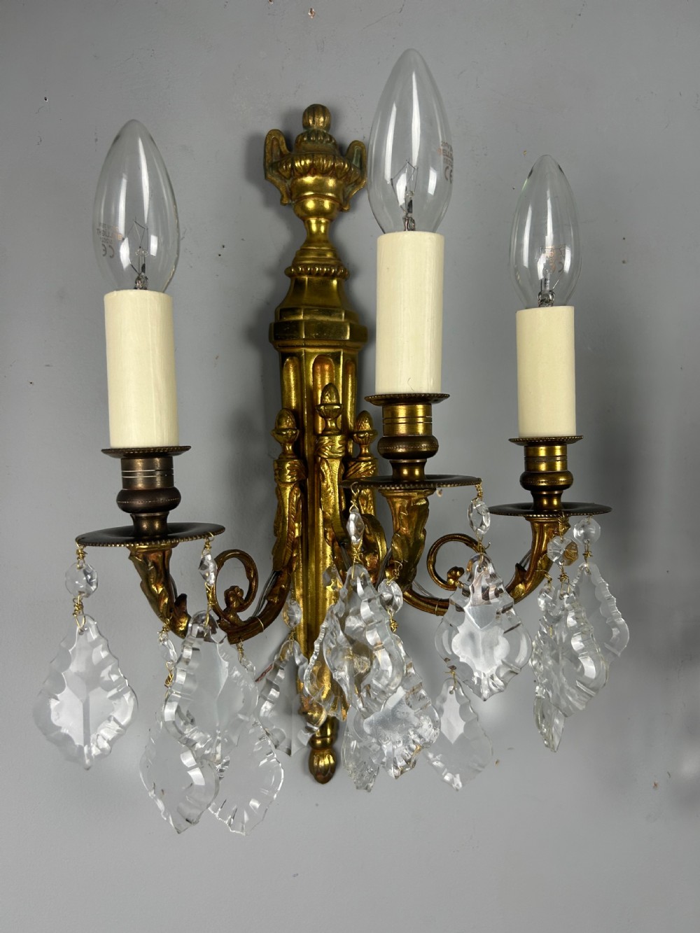 Pair Of French Triple Arm Gilt Brass Antique Crystal Wall Lights View X