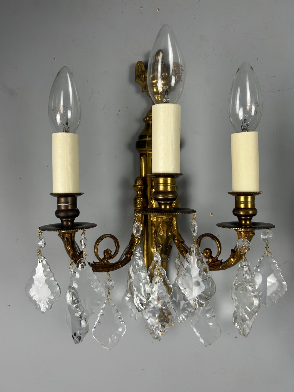 Pair Of French Triple Arm Gilt Brass Antique Crystal Wall Lights View XI