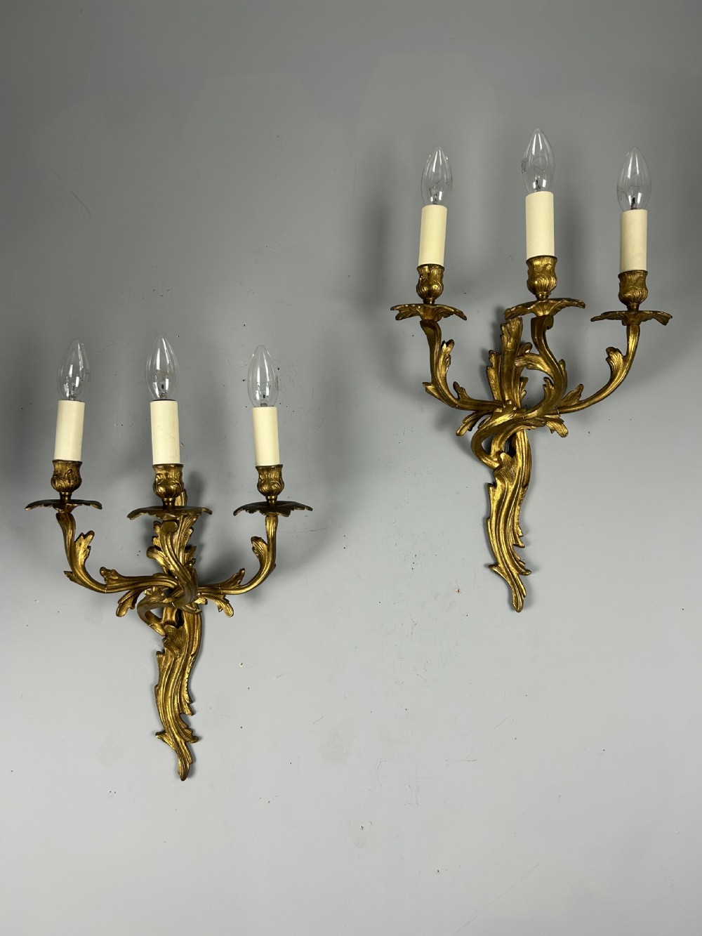 Pair Of French Triple Arm Gilt Brass Antique Wall Lights