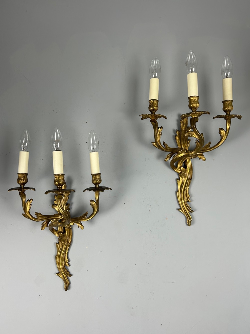 Pair Of French Triple Arm Gilt Brass Antique Wall Lights View II
