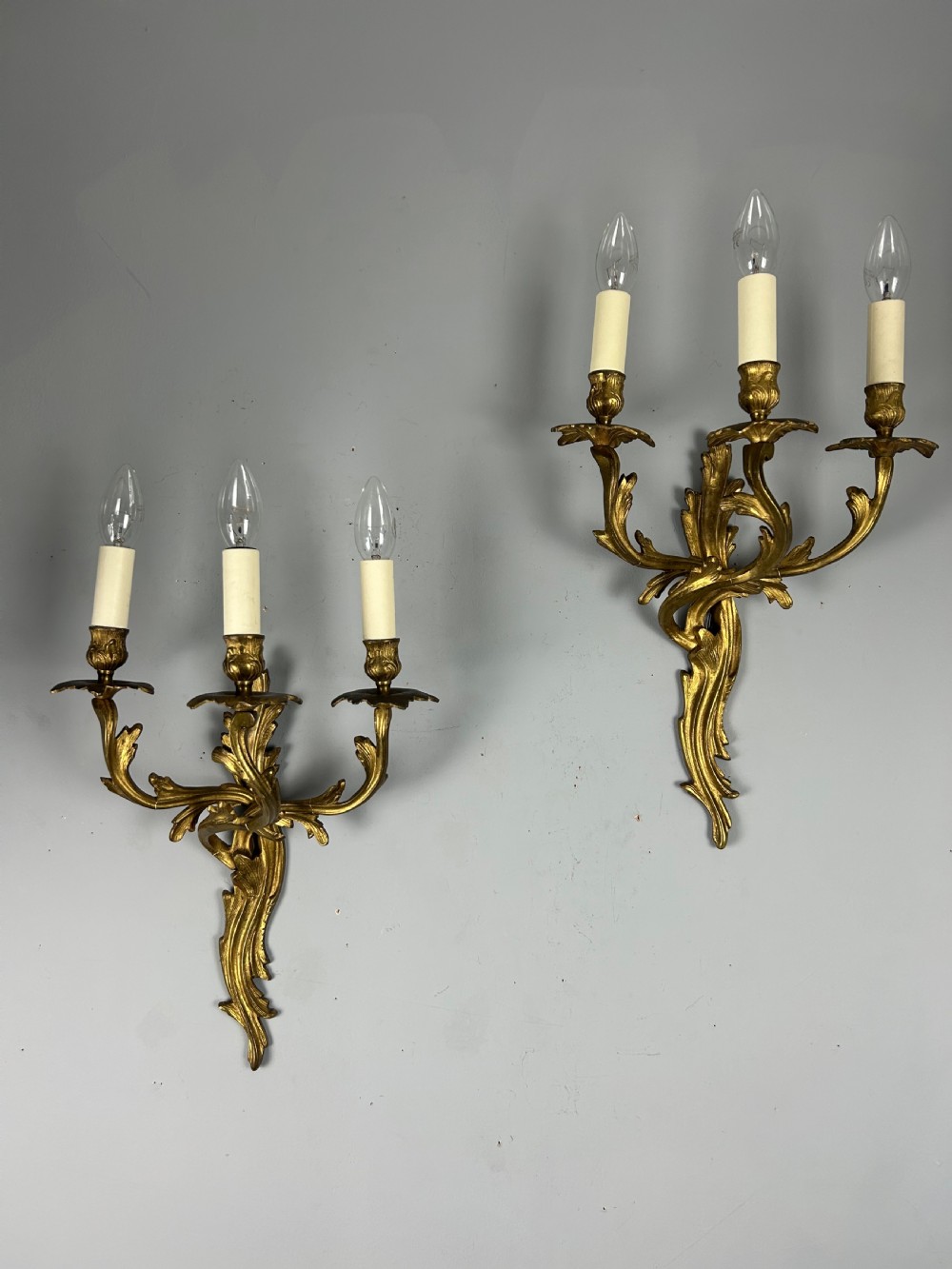 Pair Of French Triple Arm Gilt Brass Antique Wall Lights View III