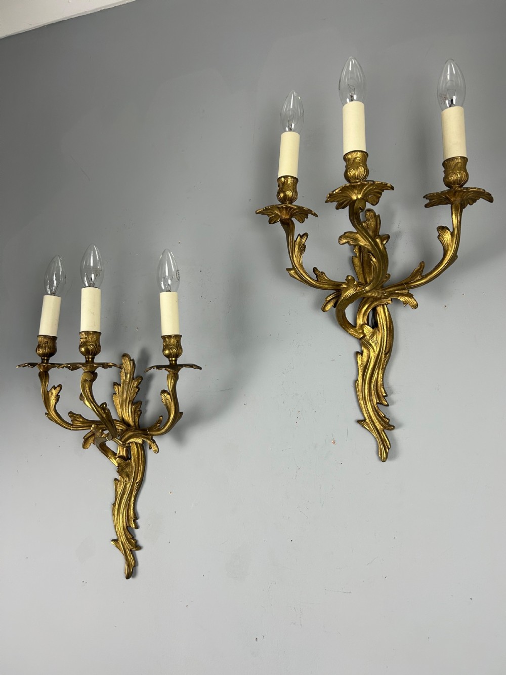 Pair Of French Triple Arm Gilt Brass Antique Wall Lights View IV