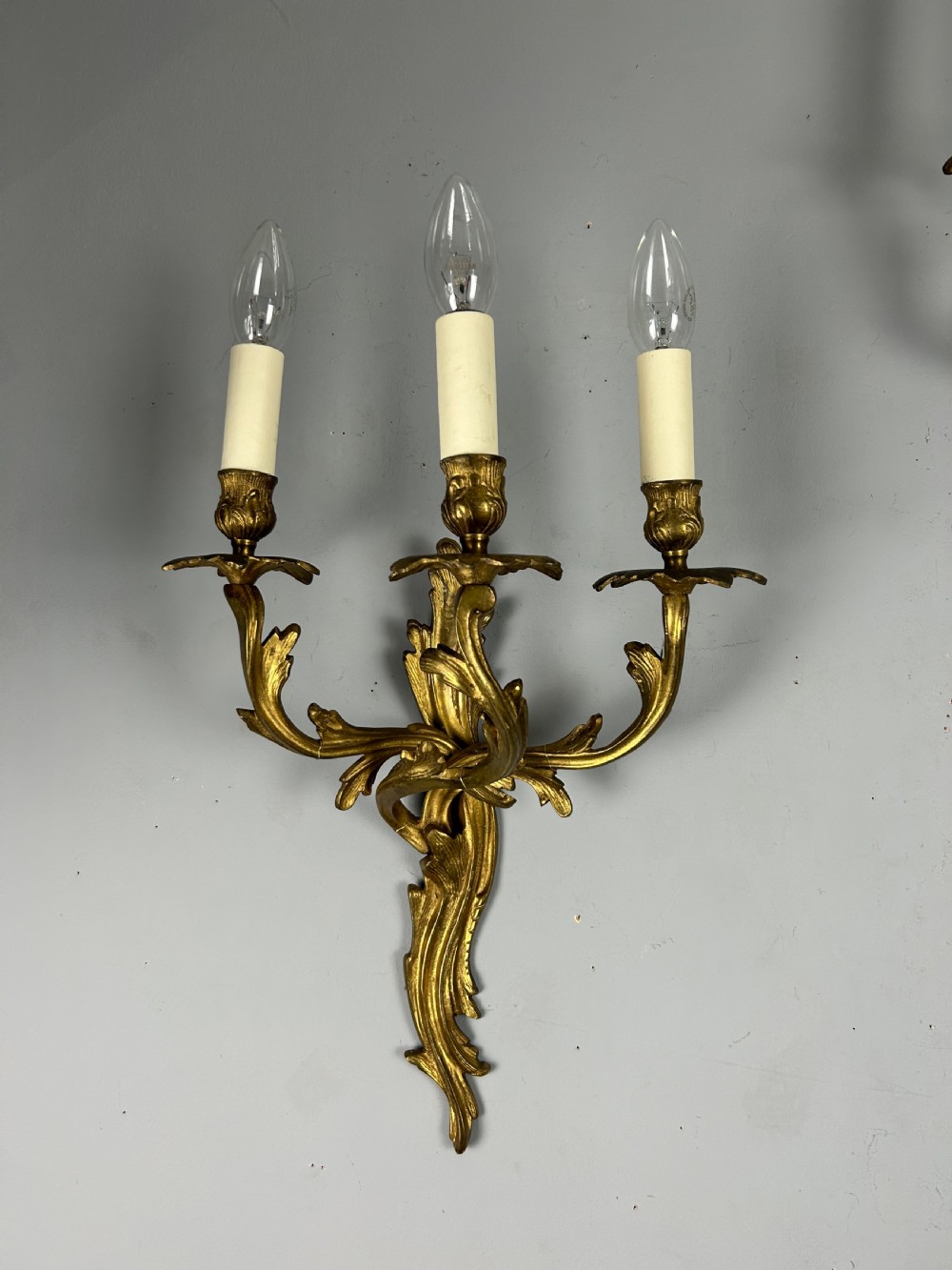 Pair Of French Triple Arm Gilt Brass Antique Wall Lights View XI