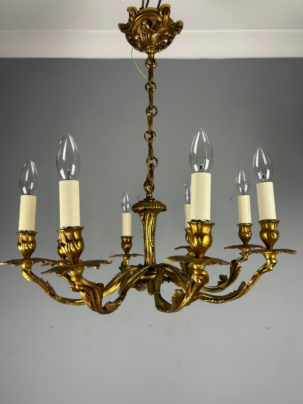 French Gilt Brass 8 Arm Antique Chandelier, Rewired 