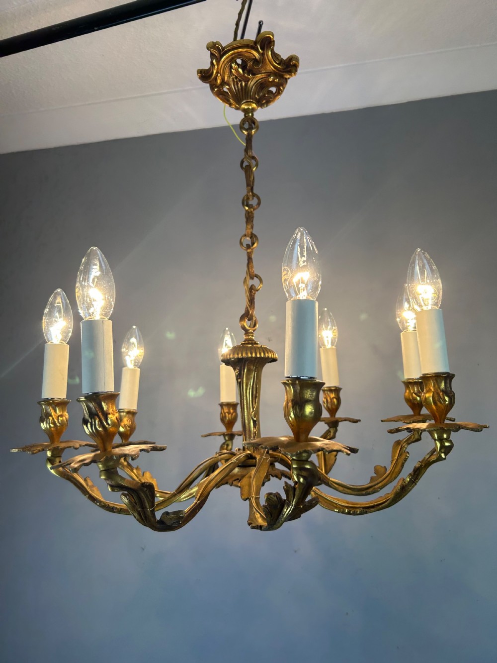 French Gilt Brass 8 Arm Antique Chandelier, Rewired  View III