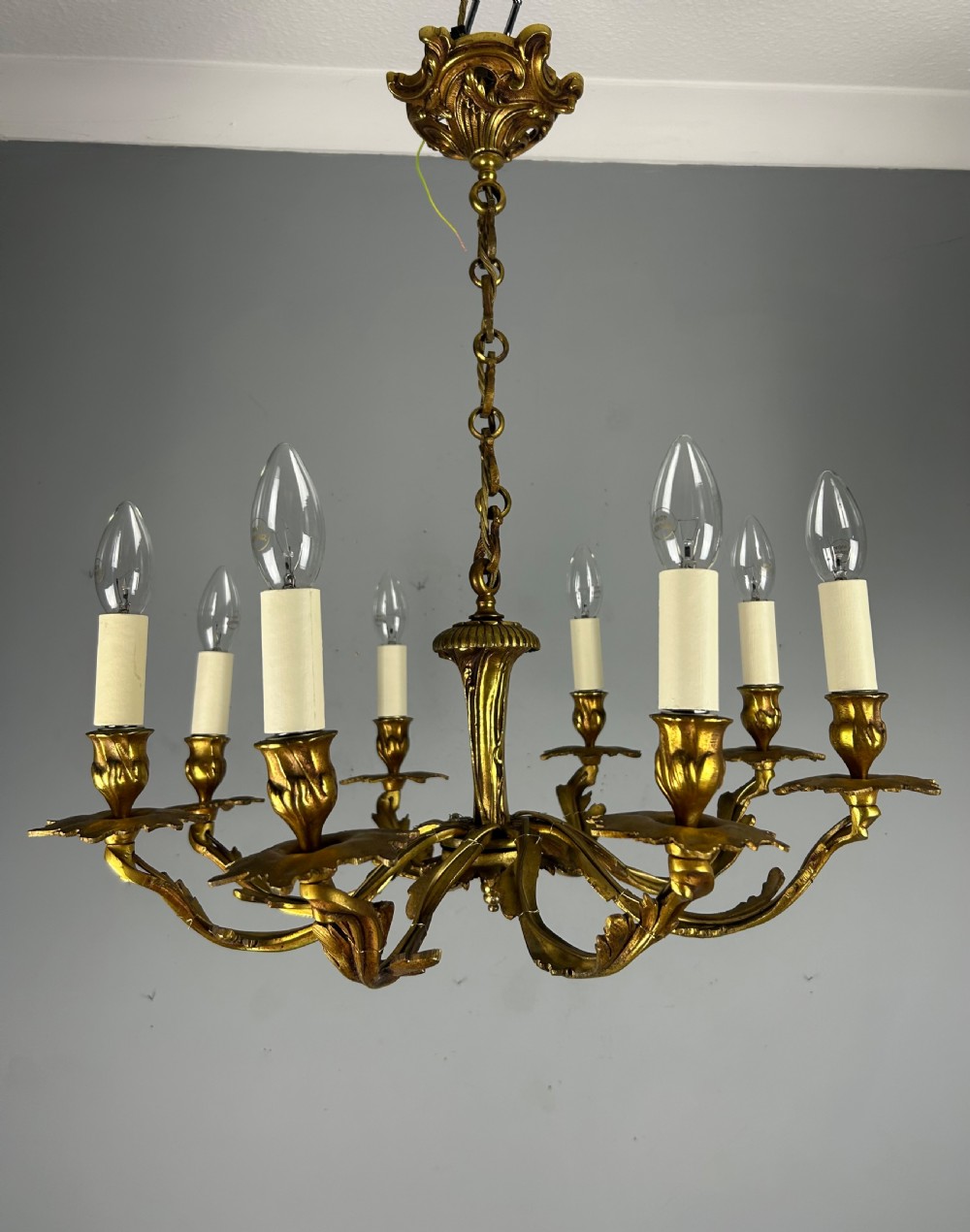 French Gilt Brass 8 Arm Antique Chandelier, Rewired  View IV