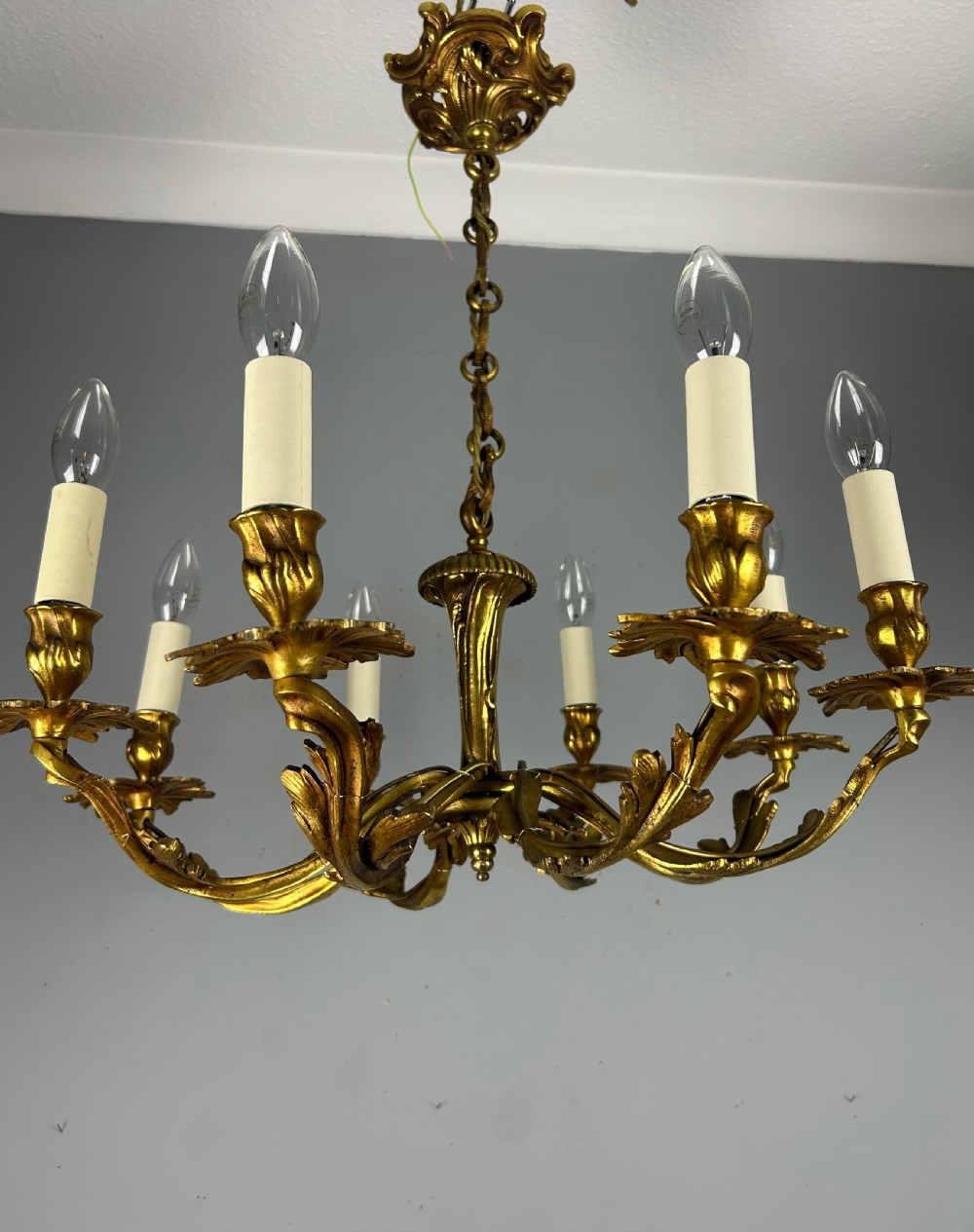 French Gilt Brass 8 Arm Antique Chandelier, Rewired  View V