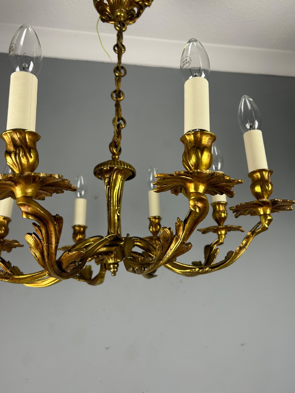 French Gilt Brass 8 Arm Antique Chandelier, Rewired  View VI