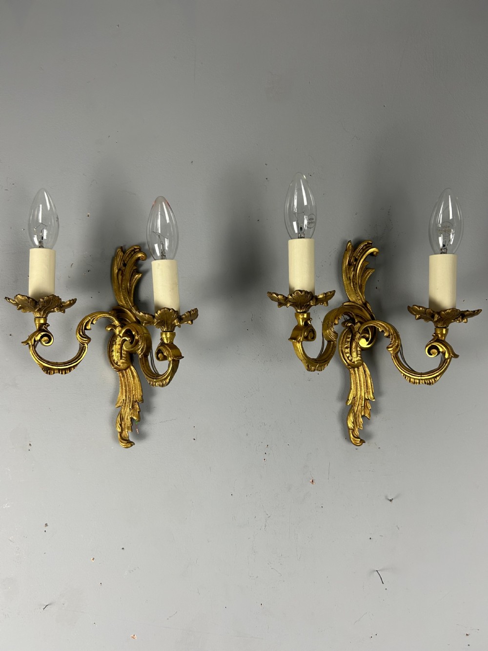 French Pair Of Gilded Twin Arm Antique Wall Lights
